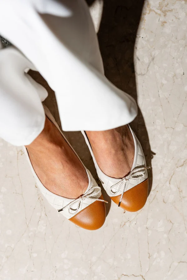 PAUL MAYER - BEST QUILTED LEATHER BALLET FLAT - SIZE 9.5 - COGNAC/CREAM