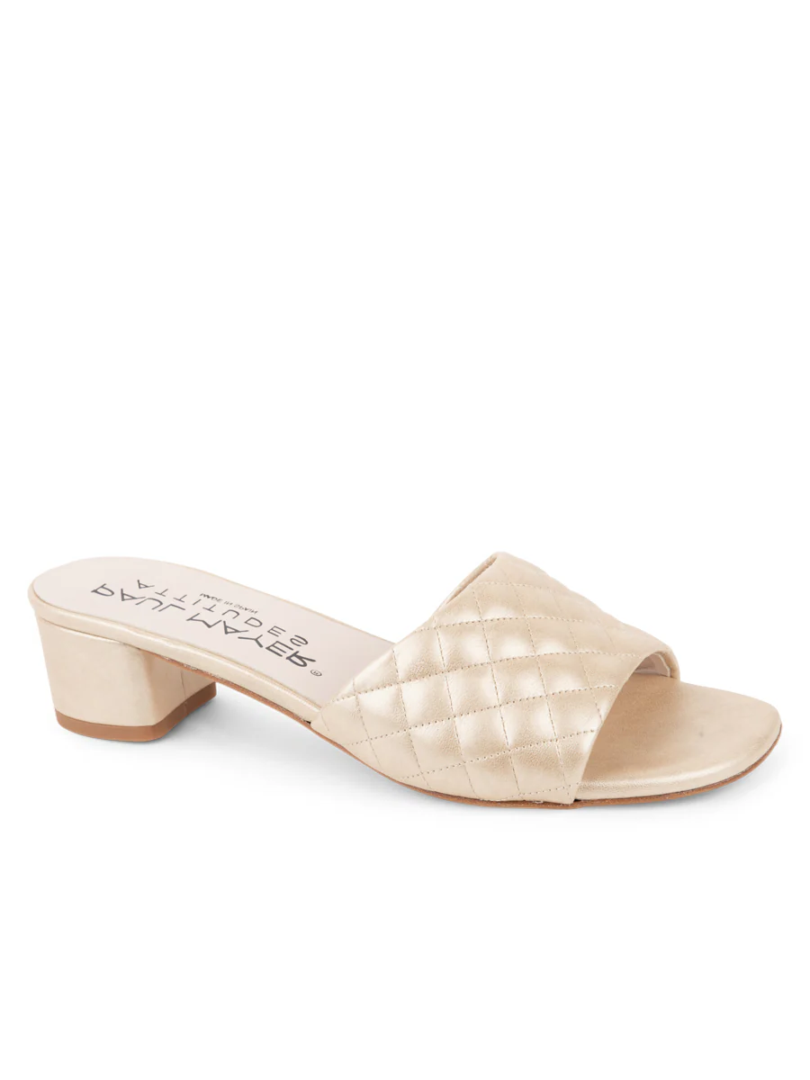 PAUL MAYER - PARQUE QUILTED BLOCK HEELED SANDAL - SIZE 10 - GOLD