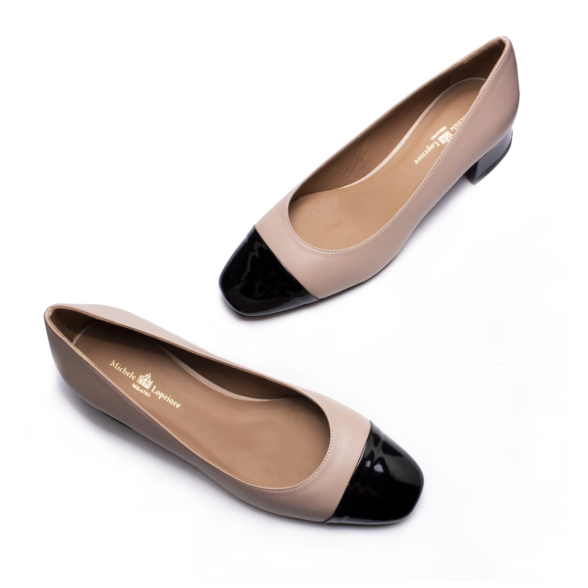 Michele Lopriore India Low Heel Pump, Leather Nude / Patent Black, gallery view 3