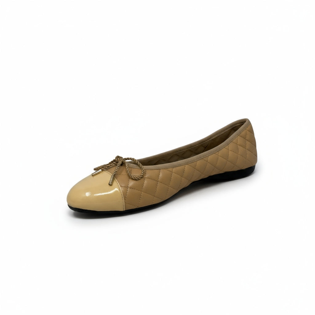 PAUL MAYER - BEST QUILTED LEATHER BALLET FLAT  - SIZE 8.5 - PATENT BEIGE / NAPPA BEIGE