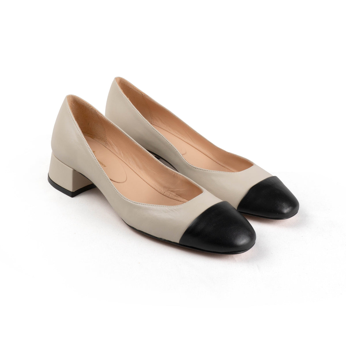 Michele Lopriore India Low Heel Pump Classic, Leather Milk/Black, gallery view 3